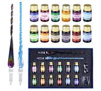 OFUN Glass Dip Pen Set, Crystal Ink Pen Set with 2 Glass Pens, 12 Colorful Inks, Pen Holder and Cleansing Cup, Dip Pens for Art, Writing, Drawing, Signatures, Gift for Kids and Artist
