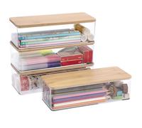 OGANAZI 4 Pcs Clear Pencil Cases with Bamboo Lids Plastic Pencil Box for Pencil Pen Storage Stackable Stationery Organiser Office Stationery Supplies, Craft Box for Arts and Crafts, 23.4*9.4*6.7cm