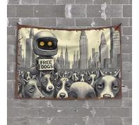 OGBD Bar Man Cave Decor A Robot Holding A Sign Saying Free Dogs Surrounded By Dogs In A Cityscape Tapestry Hanging Wall Decor Funny Bar Decor(100X150CM)