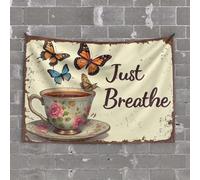 OGBD Home Bar Decor Floral Teacup With Butterflies And Just Breathe Text. Tapestry Beer Decor Cave Man Bar(100X150CM)