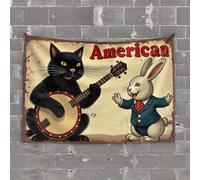 OGBD Vintage Decor American Cat And Rabbit Playing Banjo Tapestry Beer Decor Earthy Room Decor(75X100CM)
