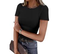 OGBK Women Short Sleeve T Shirt Crew Neck Ribbed Basic Tee Shirt Slim Fitted Stretch Casual Summer Tops Ladies Spring Clothes Outfits(Black,M)