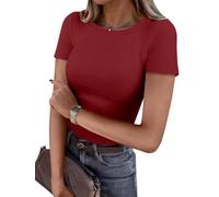 OGBK Women Short Sleeve T Shirt Crew Neck Ribbed Basic Tee Shirt Slim Fitted Stretch Casual Summer Tops Ladies Spring Clothes Outfits(Burgundy,S)