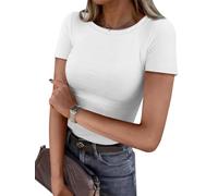 OGBK Women Short Sleeve T Shirt Crew Neck Ribbed Basic Tee Shirt Slim Fitted Stretch Casual Summer Tops Ladies Spring Clothes Outfits(White,M)