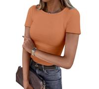 OGBK Women Short Sleeve T Shirt Crew Neck Ribbed Basic Tee Shirt Slim Fitted Stretch Casual Summer Tops Ladies Spring Clothes Outfits(Orange,XS)