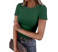 OGBK Women Short Sleeve T Shirt Crew Neck Ribbed Basic Tee Shirt Slim Fitted Stretch Casual Summer Tops Ladies Spring Clothes Outfits(Dark Green,M)