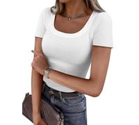 OGBK Women Short Sleeve T Shirt Square Neck Ribbed Basic Tee Shirt Slim Fitted Stretch Casual Summer Tops Ladies Spring Clothes Outfits(White,M)