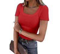 OGBK Women Short Sleeve T Shirt Square Neck Ribbed Basic Tee Shirt Slim Fitted Stretch Casual Summer Tops Ladies Spring Clothes Outfits(Red,L)
