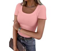 OGBK Women Short Sleeve T Shirt Square Neck Ribbed Basic Tee Shirt Slim Fitted Stretch Casual Summer Tops Ladies Spring Clothes Outfits(Light Pink,XXL)
