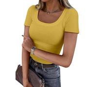 OGBK Women Short Sleeve T Shirt Square Neck Ribbed Basic Tee Shirt Slim Fitted Stretch Casual Summer Tops Ladies Spring Clothes Outfits(Yellow,M)