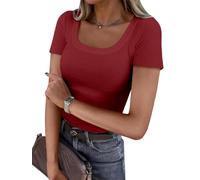 OGBK Women Short Sleeve T Shirt Square Neck Ribbed Basic Tee Shirt Slim Fitted Stretch Casual Summer Tops Ladies Spring Clothes Outfits(Burgundy,M)