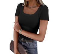 OGBK Women Short Sleeve T Shirt Square Neck Ribbed Basic Tee Shirt Slim Fitted Stretch Casual Summer Tops Ladies Spring Clothes Outfits(Black,XS)