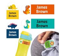 Ogelz Personalized Name Labels for Kids Custom Stcikers Washable Clothes Gear 0.7"X2.4" 18PCS and 0.9"X1.2" 38PCS Non Iron Waterproof Daycare Toddlers School Supply Water Bottle (Dino)
