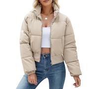 Ogfao Womens Cropped Puffer Jackets Long Sleeve Short Puffy Quilted Jackets Winter Coat With Pockets, Apricot, L
