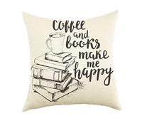 Ogiselestyle Throw Pillow Cover Coffee And Books Make Me Happy Quote Motivational Sign Reading Decoration Cushion Cover with Words for Book Lover Sofa Couch Home Decor Cotton Linen Pillow Case 18"x18"
