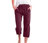 oglccg Capris Trousers 3/4 Pants Cotton Linen Elastic High Waist Cropped Pants Drawstring Summer Autumn Solid Color Pockets Loose Pants Straight Wide Leg Trousers Plus Size 8-18 Wine, XXL