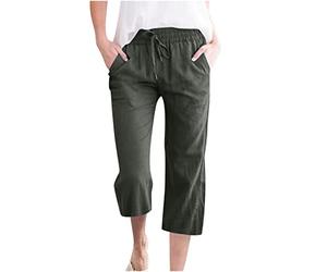 oglccg Capris Trousers 3/4 Pants Cotton Linen Elastic High Waist Cropped Pants Drawstring Summer Autumn Solid Color Pockets Loose Pants Straight Wide Leg Trousers Plus Size 8-18, A Green