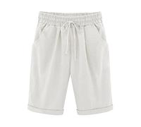 oglccg Half Pants Plus Size Knee Length Cotton Linen Shorts with Pockets Summer Solid Beach Vacation Shorts Straight Leg Trousers Drawstring Elastic Waist Bermuda Shorts Work Shorts, White, XXL