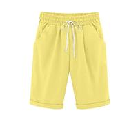 oglccg Half Pants Plus Size Knee Length Cotton Linen Shorts with Pockets Summer Solid Beach Vacation Shorts Straight Leg Trousers Drawstring Elastic Waist Bermuda Shorts Work Shorts, Yellow