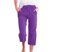 oglccg Womens Capris Trousers 3/4 Pants Cotton Linen Elastic High Waist Cropped Drawstring Summer Autumn Solid Color Pockets Loose Straight Wide Leg Outdoor Plus Size 8-89, #06 Purple