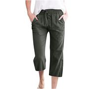 oglccg Womens Capris Trousers 3/4 Pants Cotton Linen Elastic High Waist Cropped Drawstring Summer Autumn Solid Color Pockets Loose Straight Wide Leg Outdoor Plus Size 8-18, A Green, XXL