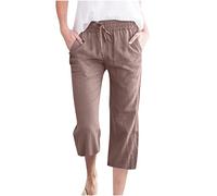 oglccg Womens Capris Trousers 3/4 Pants Cotton Linen Elastic High Waist Cropped Pants Drawstring Summer Autumn Solid Color Pockets Loose Pants Straight Wide Leg Trousers Outdoor Plus Size 8-18 Brown