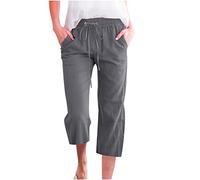 oglccg Womens Capris Trousers 3/4 Pants Cotton Linen Elastic High Waist Cropped Pants Drawstring Summer Autumn Solid Color Pockets Loose Pants Straight Wide Leg Trousers Outdoor Plus Size 8-18