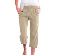 oglccg Womens Capris Trousers 3/4 Pants Cotton Linen Elastic High Waist Cropped Pants Drawstring Summer Autumn Solid Color Pockets Loose Pants Straight Wide Leg Trousers Outdoor Plus Size 8-18 Beige