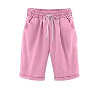 oglccg Womens Half Pant Plus Size Knee Length Cotton Linen Shorts with Pockets Summer Solid Beach Vacation Shorts Straight Leg Trouser Drawstring Elastic Waist Bermuda Shorts Casual Work Short, Pink