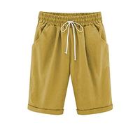 oglccg Womens Half Pants Plus Size Knee Length Cotton Linen Shorts with Pockets Summer Solid Beach Vacation Straight Leg Trousers Drawstring Elastic Waist Bermuda Casual Work Shorts, #10 Yellow XXL