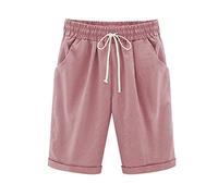 oglccg Womens Half Pants Plus Size Knee Length Cotton Linen Shorts with Pockets Summer Solid Beach Vacation Ladies Straight Leg Trousers Drawstring Elastic Waist Bermuda Casual Work Shorts, #09 Pink