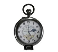 OGLE Waterproof Silver Magnifier Tourbillon Phases Moon Chain Fob Self Winding Automatic Skeleton Half Hunters Mechanical Pocket Watch, Black Case White Dial, Retro