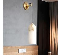 OGLFGLNY Simple Nordic Style Marble Wall Lamp, E 14 Light Source Brass Base Wall Light, Creative Bedroom Bedside Height Adjustable Wall Mounted Lamp, for Bedroom Living Room Study Room Dining Room