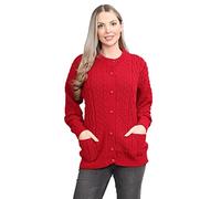 OgLuxe Womens Cardigan Knitted Button Up Cardigan Chunky Cable Crew Neck Pocket Front Button Up Aran Sweater Red