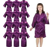OGMBI 12 Pcs Girls Kids Silky Satin Kimono Robes, Solid Color Short Bathrobe for Spa Birthday Party Wedding (UK, Numeric, 150, Regular, Purple)