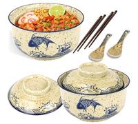 OGMBI 2 Set Ceramic Ramen Bowl, 800ml Ramen Noodle Bowl with Lid, Japanese Style Retro Bowls with Spoon and Chopsticks, Asian Soup Bowls for Microwave & Dishwasher Safe, Fish