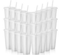 OGMBI 24 Pack Reusable Plastic Cups with Lids and Straws, 24 oz White Plastic Glitter Tumbler Bulk, Party Tumbler Cup Iced Coffee Cup Travel Mug for Birthday Juices Beach Hen Party