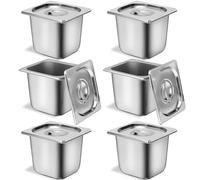 OGMBI 6 Pack 1/6 Size Stainless Steel Gastronorm Pans with Lids, 15 cm Deep Steam Table Pans Food Containers, Anti-Jam Catering Service Tray for Restaurant Hotel Buffet Party, 17.8 x 16.5 x 15 cm