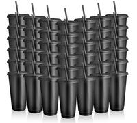 OGMBI 60 Pack Black Plastic Cups with Lids and Straws, 24 oz Reusable Glitter Tumbler Bulk, Iced Coffee Cup Travel Mug for Beach Picnic Birthday Hen Party