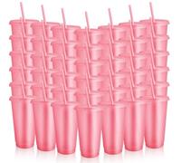 OGMBI 60 Pack Pink Plastic Cups with Lids and Straws, 24 oz Reusable Glitter Tumbler Bulk, Iced Coffee Cup Travel Mug for Beach Picnic Birthday Hen Party