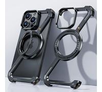 OGRANEE Z Case for iPhone 15 Pro Frameless Metal Phone Case with Magnetic Kickstand 360° Rotatable, Minimalist Bezel Less Slim Hard Shockproof Ultra Thin for iPhone 15Pro with Ring Holder Stand, Black