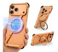 OGRANEE Z Metal Case for iPhone 17 Pro Max Frameless, Aluminum Alloy Bumper Compatible with Mag Kickstand Minimalist Shockproof Cool Cover Hard Shell with 360°Ring Holder Magnetic Stand, Orange