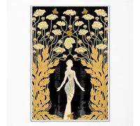 ogyormpi Art Nouveau Goddess Black and Gold Canvas Art, Boho Flower and Girl Picture for Bedroom and Living Room Wall, 12x16in Unframed