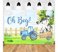 Oh Boy Birthday Party Backdground Blue Sky Grass Balloons Baby Shower Party Decorations Farm Holy Cow Banner Kids Newborn Boys Portrait Photo Backgrounds Farm Tractor Cake Table Banner (8X6FT)