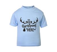 Oh Deer Christmas is here [XMAS22] Festive Quotes Short Sleeve Cotton Toddler t Shirt, 2-3 Years, Pastel Blue