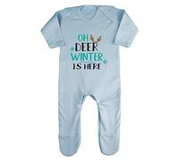 Oh Deer Winter is here Style 3 Baby Romper Jumpsuit with feet, 6-12 Months, Pastel Blue
