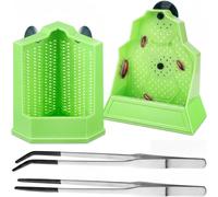 Oh Klyzo Reptile Feeder Combo Set, 2 Pack Escape-Proof Corner & Wall-Mounted Bowls with 2 Pack 10.6" Stainless Steel Straight & Curved Tongs with Rubber Tips for Bearded Dragon Gecko Lizard Frog