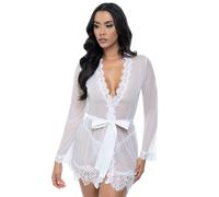 Oh La La Cheri White Bridal Provence Short Sheer Robe and Thong Set - L / XL - White White