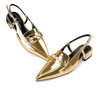 Oh Mispares Slingback Flats for Women Pointed Toe Flats Low Chunky Heel Slingback Flat Sandals with Pearl Slip On Ankle Strap Dress Flats Shoes for Wedding Office Causal, Gold, 5 UK