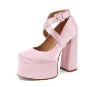 Oh Mispares Women’s Platform Chunky High Heels Satin Ankle Cross Strap Buckle Round Closed Toe Heeled Lolita Mary Jane Pull On Pumps Shoes 5.6 Inch, Pink, 6 UK